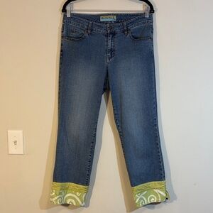 Y2K Era Lime Green Fabric Trim Cuff Hem Capri Girly Jeans, Lizzie McGuire Vibes